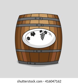 wooden barrel with a graphical representation of grapes and leaves