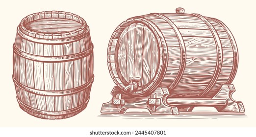 Wooden barrel, hand drawn engraving style vector illustration. Oak cask or keg drawing