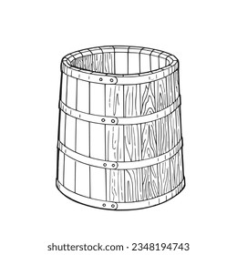 Wooden barrel. Hand drawn ink illustration. Black and white vector drawing.