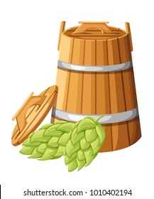 Wooden barrel with handles and lid for hebs and hops vector illustration isolated on white background website page and mobile app design.