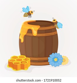 Wooden barrel with honey, bees, honeycomb
