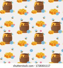Wooden barrel with honey, bees, honeycomb and flowers, seamless pattern