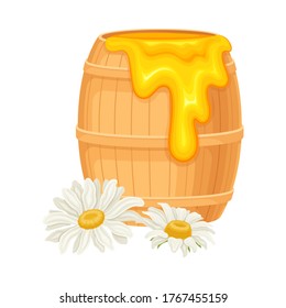 Wooden Barrel with Honey and Daisy Flower Rested Nearby Vector Illustration