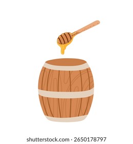 Wooden barrel with honey dripping from a dipper in a simple, rustic style
