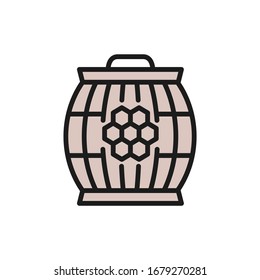 Wooden barrel with honey flat color line icon.