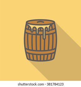 Wooden barrel with honey. Flat icon.