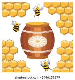 Wooden barrel with honey and funny bees on the background of honeycombs. Illustration, print, vector