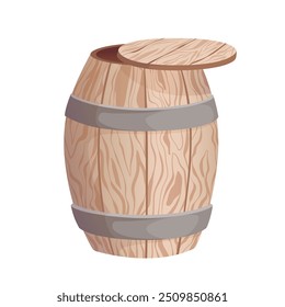 Wooden barrel for honey, grapes, autumn harvest, beer, wine, or other alcoholic beverages. Barrel in cartoon style for labels, postcards, banners. Vector illustration isolated on a white background.