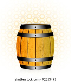 wooden barrel with honey on honeycomb cell background