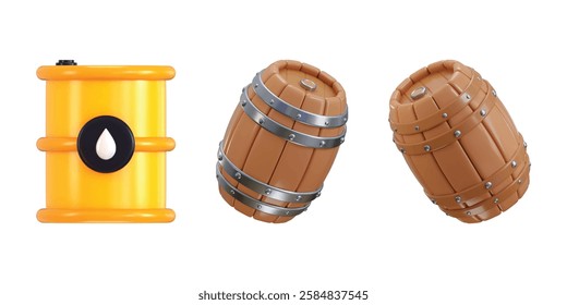 Wooden barrel icon 3d render concept of oil tank, fuel tank icon vector illustration