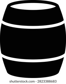 Wooden barrel icon featuring a classic storage cask with curved sides and horizontal hoops in a clean black silhouette vector style on a white background. Ideal for wineries, breweries, distilleries, cooperage, beverage packaging, agriculture, historical themes, and rustic branding projects.