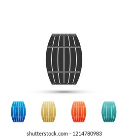 Wooden barrel icon isolated on white background. Alcohol barrel, drink container, wooden keg for beer, whiskey, wine. Set elements in colored icons. Flat design. Vector Illustration