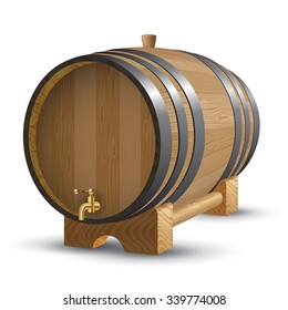 Wooden barrel with iron rings isolated on white. Vector illustration