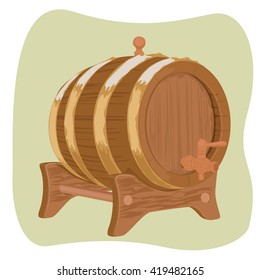 Wooden barrel with iron rings on green background