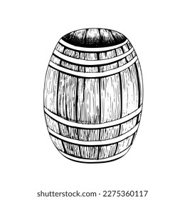 Wooden barrel. Isolated object drawn by hand in graphic technique. Vector illustration for summer, nautical, fishing and beach decoration and design.