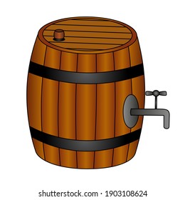 Wooden barrel. Keg of beer. Fresh foamy drink. Colored vector illustration. Isolated background. Saint Patrick Day. A tap for pouring a drink comes out of the container. The barrel is closed.