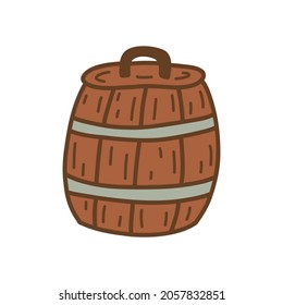 Wooden barrel with lid, tub. Container for storing drinks. Colorful vector isolated illustration hand drawn single