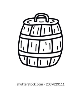 Wooden barrel with lid, tub. Container for storing drinks. Black and white vector isolated illustration hand drawn single doodle