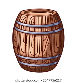 Icono de línea de barril de madera. Contenedor rústico vintage dibujado a mano con círculos y tablones de madera, barril de cerveza o vino, whisky. Bodega, mascota del festival, Ilustración vectorial del icono del color del barril