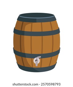 Wooden barrel with metal bands and tap, isolated on white background. Simple and clean vector style, perfect for rustic, storage, or beverage concepts. Vector illustration.