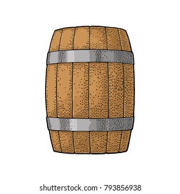 Wooden barrel with metal hoops. Color and black vintage engraving vector illustration. Isolated on white background. Hand drawn design element for label and poster