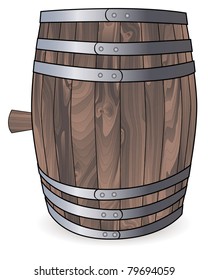 wooden barrel with metal hoops on a white background