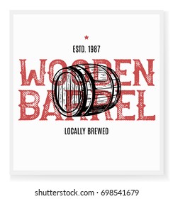 Wooden barrel in the middle of beer label. Beer label concept for bottles, banners, ads, beer branding or more.