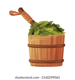 Wooden Barrel and Oak Broom for Sauna as Finland Symbol and Attribute Vector Illustration