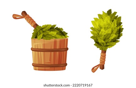 Wooden Barrel and Oak Broom for Sauna as Finland Symbol and Attribute Vector Set