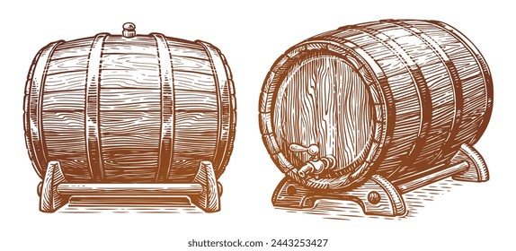 Wooden barrel. Oak cask sketch engraving style. Hand drawn vintage vector illustration