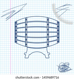 Wooden barrel on rack line sketch icon isolated on white background. Vector Illustration