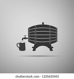 Wooden barrel on rack with stopcock and wooden beer mug icon isolated on grey background. Flat design. Vector Illustration