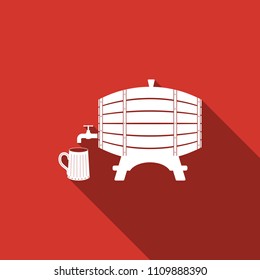 Wooden barrel on rack with stopcock and wooden beer mug icon isolated with long shadow. Flat design. Vector Illustration