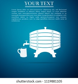 Wooden barrel on rack with stopcock and wooden beer mug icon isolated on blue background. Flat design. Vector Illustration