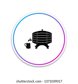 Wooden barrel on rack with stopcock and wooden beer mug icon isolated on white background. Circle white button. Vector Illustration