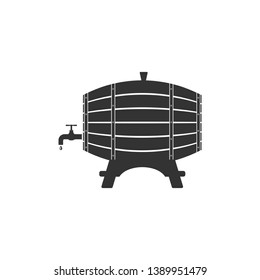 Wooden barrel on rack with stopcock icon isolated. Flat design. Vector Illustration