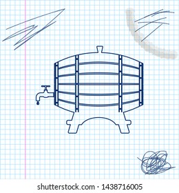 Wooden barrel on rack with stopcock line sketch icon isolated on white background. Vector Illustration