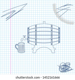 Wooden barrel on rack with stopcock and wooden beer mug line sketch icon isolated on white background. Vector Illustration