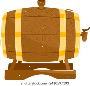 Barril de madera en pie con espiga. Caricatura detallada de la barrera de roble para el vino, almacenamiento de cerveza. Elaboración de alcohol e ilustración vectorial de almacenamiento.