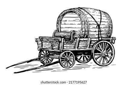 Wooden barrel on wagon cart for label or poster. Hand drawn sketch vintage vector illustration in engraved style