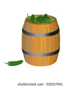 Wooden barrel with pickled cucumbers. Vector illustration