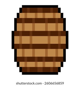 Wooden barrel with pixel art isolated on white background