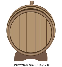 Wooden barrel plugged plug on the stand. Vector illustration.