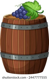 Wooden barrel with ripe grapes and leaves on top.