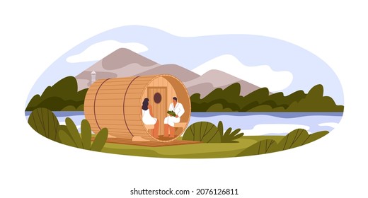 Wooden barrel sauna with couple relaxing in towel and bathrobe. Outdoor banya with people resting in wood bathhouse. SPA recreation in nature. Flat vector illustration isolated on white background