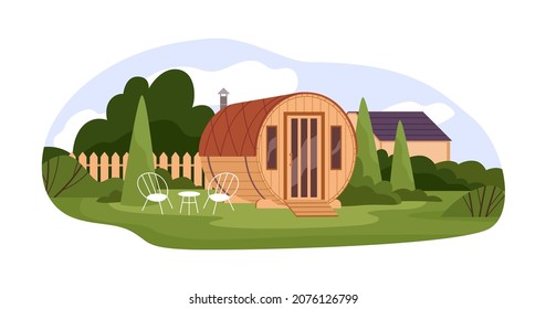 Wooden barrel sauna on house backyard. Outdoor banya cabin for SPA. Wood cedar bathhouse in summer nature landscape with table and chairs. Flat vector illustration isolated on white background