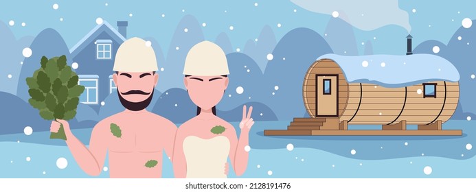 Wooden Barrel Sauna On House Backyard. Outdoor Banya Cabin For SPA With Young Couple Near Bathhouse In Winter Nature Landscape. Flat Vector Illustration.