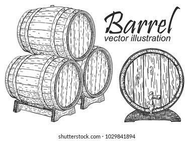 Wooden barrel set. Black and white vintage engraving vector illustration.