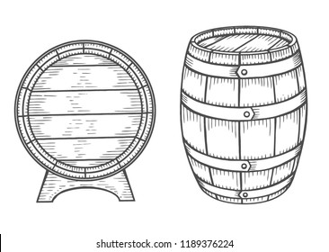 Wooden barrel set. Engraving vintage vector black illustration. Isolated on white background. Hand drawn design element for label and poster