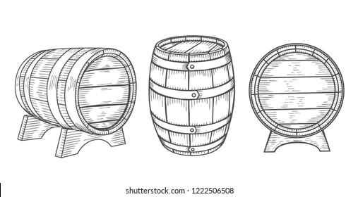 Wooden barrel set. Engraving vintage vector black illustration. Isolated on white background. Hand drawn design element for label and poster